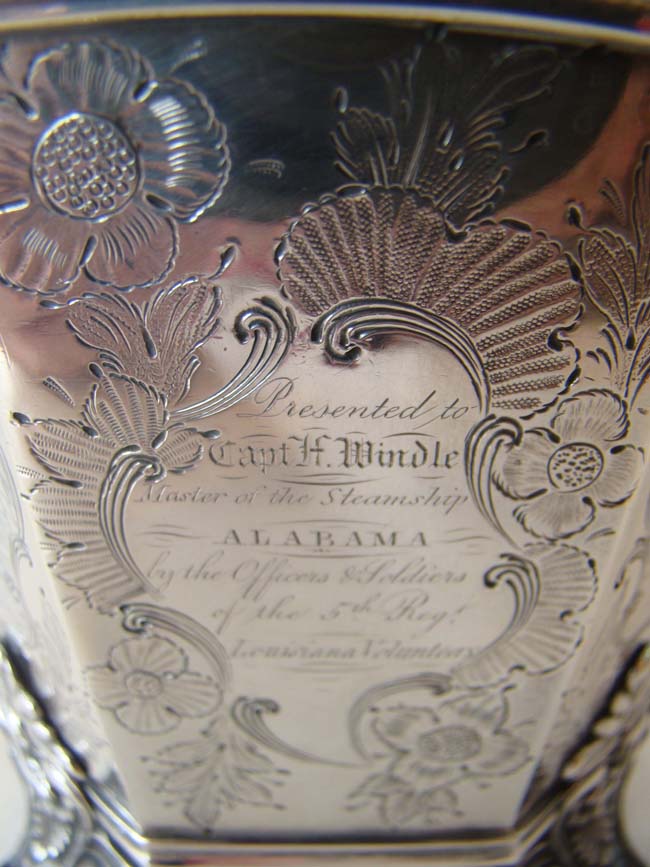 An important silver cup presented in 1846 to the Capt. of the Steamship ALABAMA by the Officers & Soldiers of the 5th Regiment Louisiana Volunteers who were returning home after fighting in the Mexican War.  — image 2